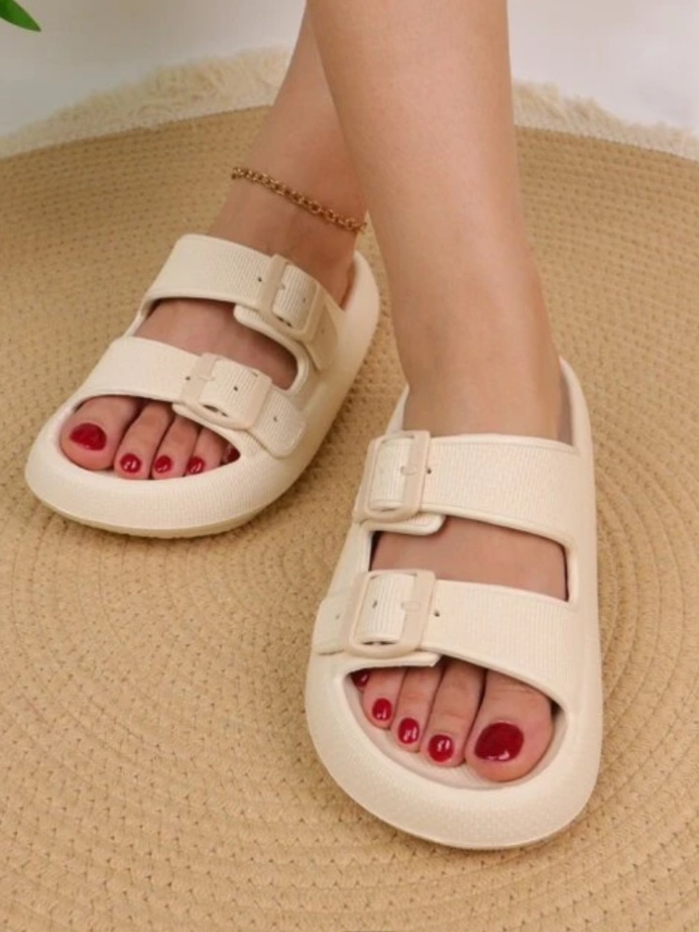 Women's Cream Double-Buckle Slip-On Sandals